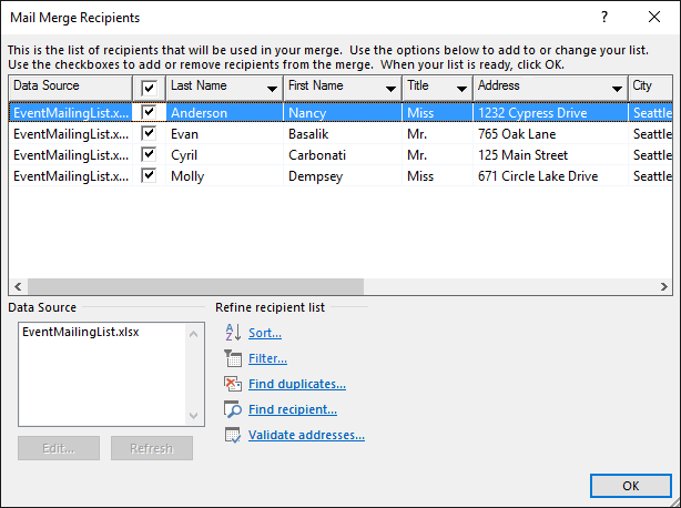 mail merge from excel in office 365